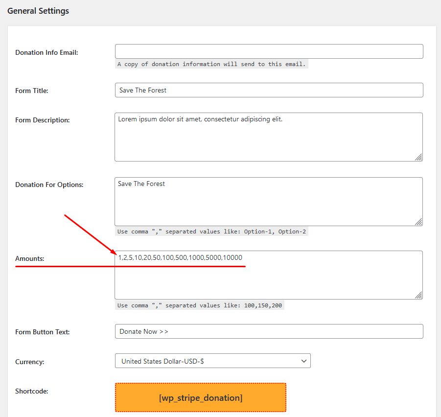 Stripe donation general settings page